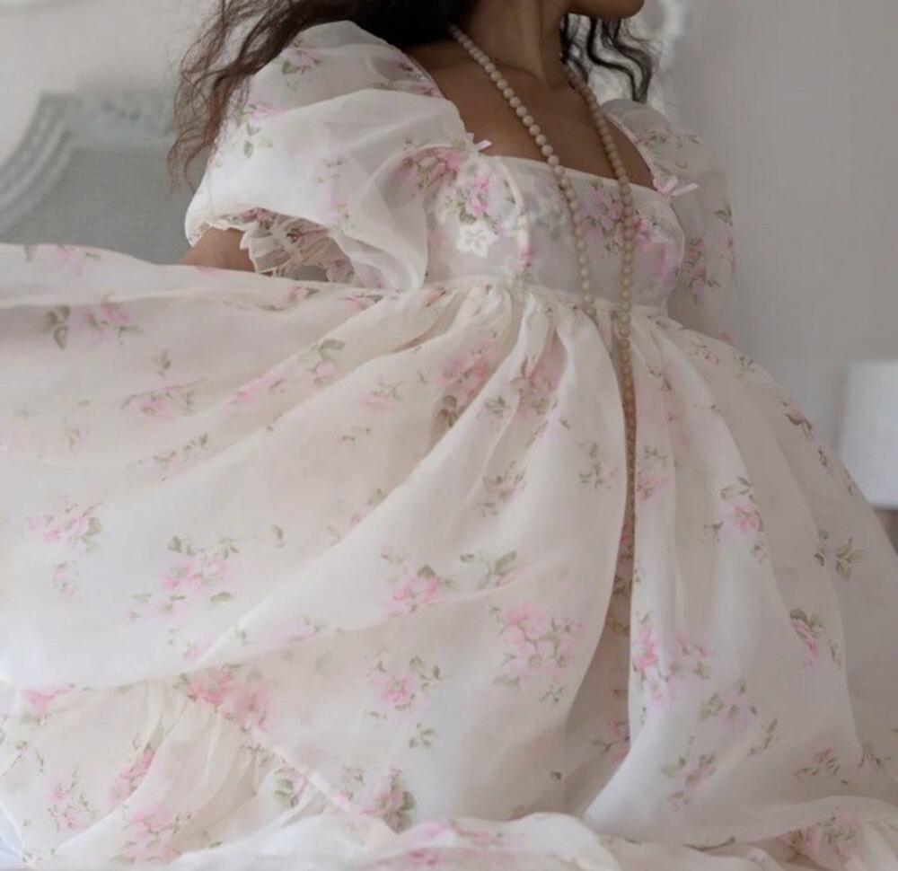 Selkie Summer Home French Puff Floral Organza Midi Dress Cream Pink Small